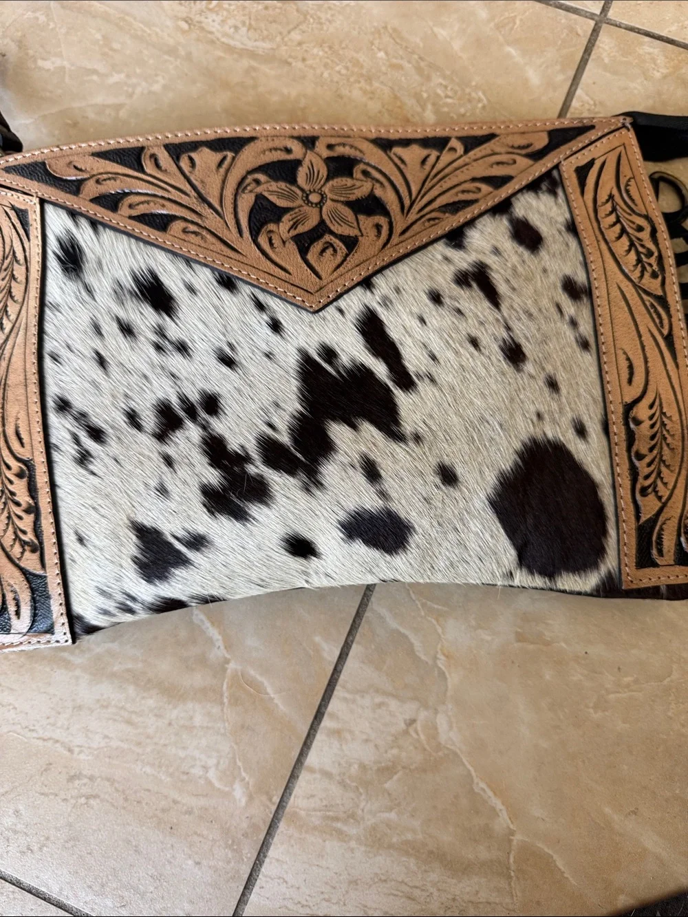 Western Fringe Wristlet w/crossbody in Black and White Cowhide